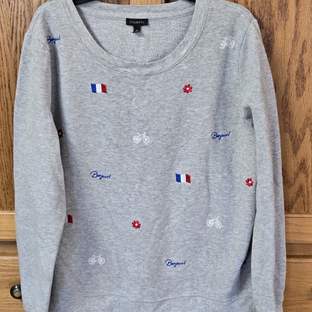 Talbots Embroidered Pullover Sweatshirt French Icons Whimsicak Cotton Size Med